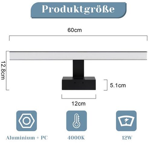 Lampe Miroir LED Salle De Bain Noire 60cm Ip44 Blanc Neutre Applique Murale Pour Cave