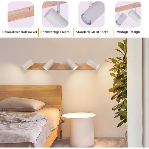 Spot 4 Flammes En Bois Naturel - Lampe De Plafond Blanche Pour Intérieur