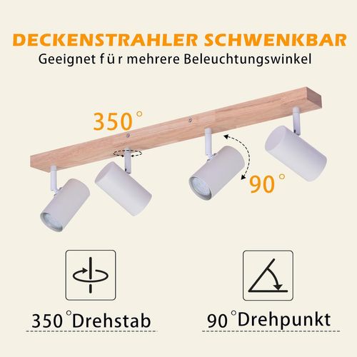 Spot 4 Flammes En Bois Naturel - Lampe De Plafond Blanche Pour Intérieur