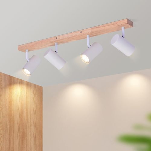 Spot 4 Flammes En Bois Naturel - Lampe De Plafond Blanche Pour Intérieur