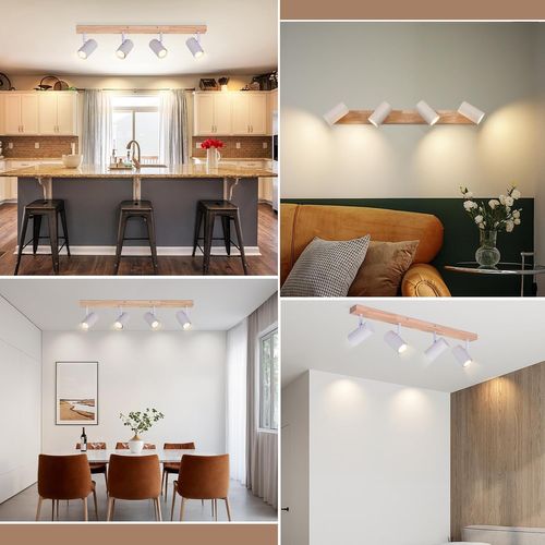 Spot 4 Flammes En Bois Naturel - Lampe De Plafond Blanche Pour Intérieur