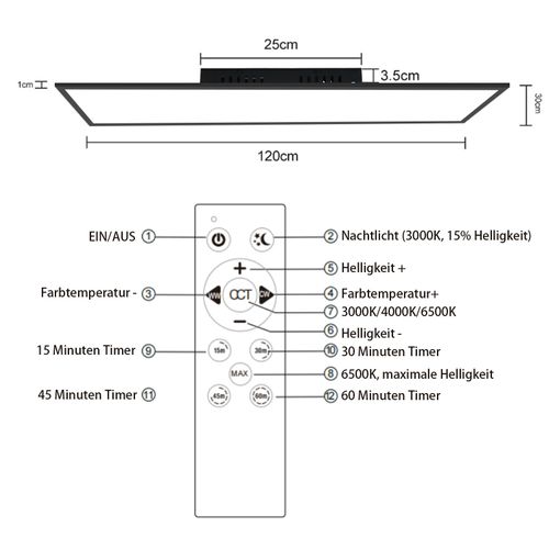 Plafonnier LED Dimmable Noir Avec Télécommande Pour Salon Et Bureau