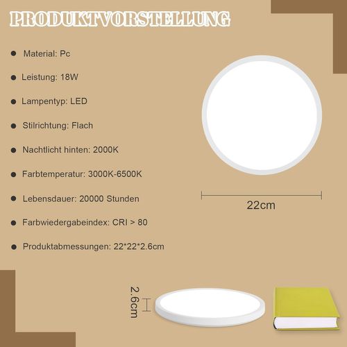 Plafonnier LED Design 22cm 18w Avec Intensité Variable Pour Cuisine Et Salon