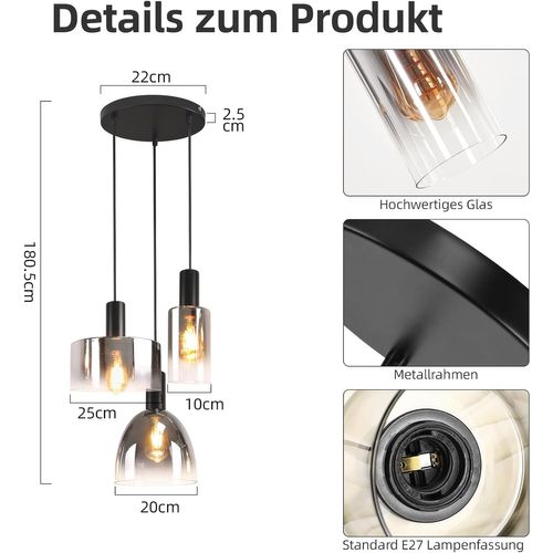 Suspension Salle à Manger 3 Flammes E27 Gris Fumée 180cm Suspension Cage D'escalier
