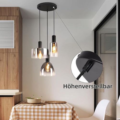 Suspension Salle à Manger 3 Flammes E27 Gris Fumée 180cm Suspension Cage D'escalier