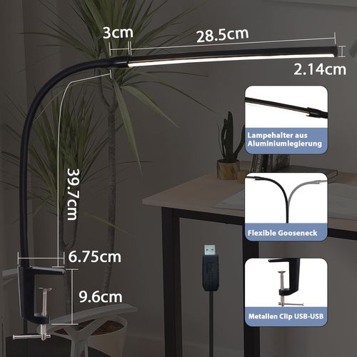 Lampe de bureau LED Noir 5w Dimmable - Pince Réglable Avec Fonction De Charge