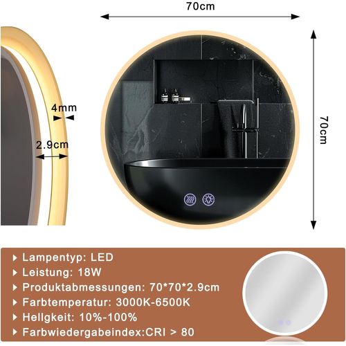 Miroir De Salle De Bain Éclairé Tactile Ronde Avec Intensité Variable
