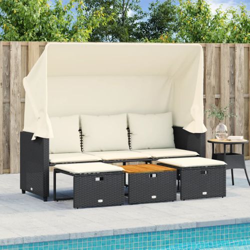 Canapé De Jardin 3 Places Avec Auvent Et Tabourets Noir Rotin