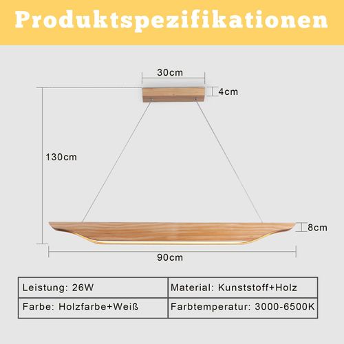Suspension Salle à Manger 90cm Lampe Suspendue En Bois Moderne Dimmable Avec Télécommande