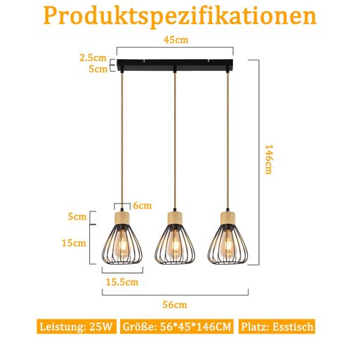 Suspension Salle à Manger 3 Flammes Noir Rétro Corde De Chanvre En Bois E27 Lampe Suspendue Escalier