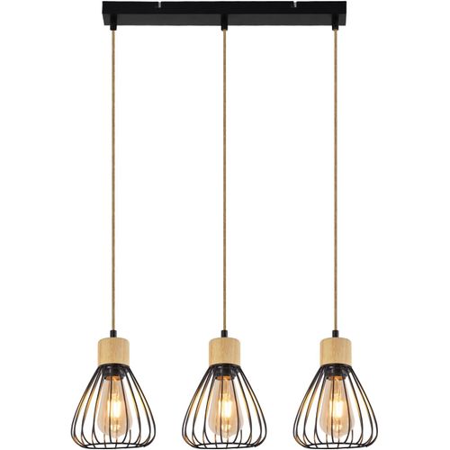 Suspension Salle à Manger 3 Flammes Noir Rétro Corde De Chanvre En Bois E27 Lampe Suspendue Escalier