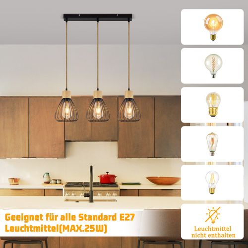 Suspension Salle à Manger 3 Flammes Noir Rétro Corde De Chanvre En Bois E27 Lampe Suspendue Escalier