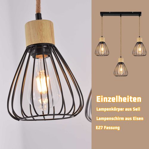 Suspension Salle à Manger 3 Flammes Noir Rétro Corde De Chanvre En Bois E27 Lampe Suspendue Escalier