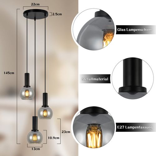 Suspension Salle à Manger 3 Flammes E27 Suspension Rétro Verre Noir pour Chambre Bar