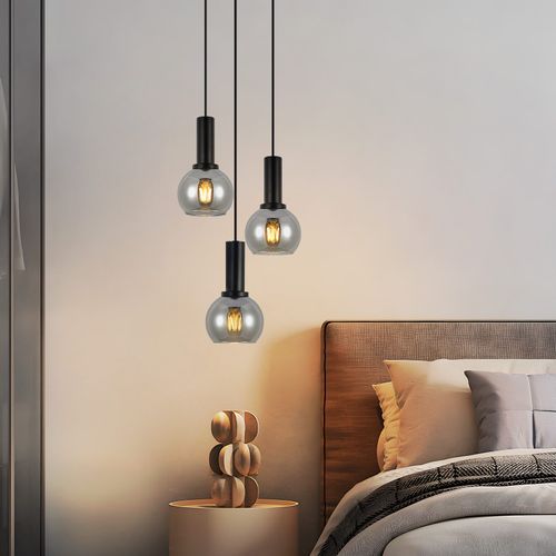 Suspension Salle à Manger 3 Flammes E27 Suspension Rétro Verre Noir pour Chambre Bar