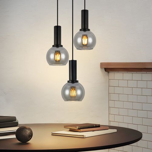 Suspension Salle à Manger 3 Flammes E27 Suspension Rétro Verre Noir pour Chambre Bar