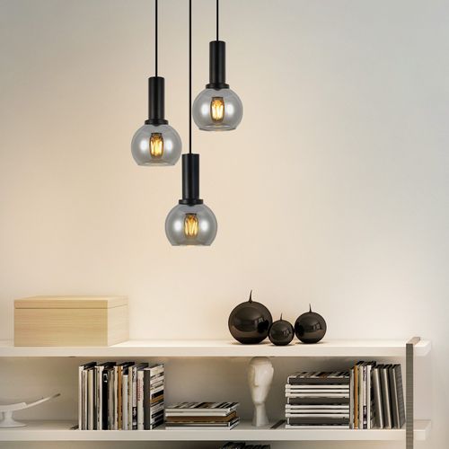 Suspension Salle à Manger 3 Flammes E27 Suspension Rétro Verre Noir pour Chambre Bar