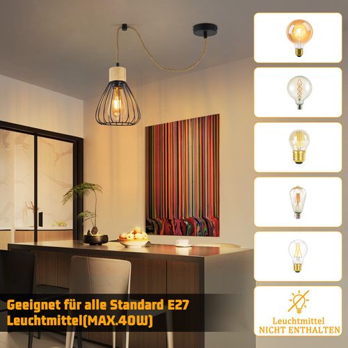 Suspension Salle à Manger 1 Flamme Noir Rétro Corde De Chanvre En Bois E27 Lampe Suspendue Escalier