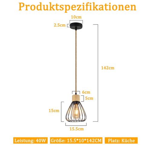 Suspension Salle à Manger 1 Flamme Noir Rétro Corde De Chanvre En Bois E27 Lampe Suspendue Escalier