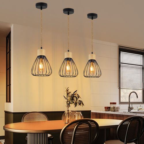 Suspension Salle à Manger 1 Flamme Noir Rétro Corde De Chanvre En Bois E27 Lampe Suspendue Escalier