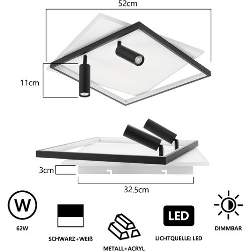 Plafonnier LED De Salon à Intensité Variable Avec 2 Spots De Plafond CarréEn Acrylique Moderne