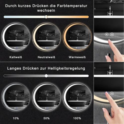 Miroir De Salle De Bain 50CM Avec Éclairage Miroir Mural Rond Moderne Ip44