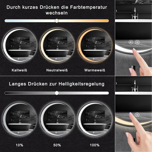 Miroir De Salle De Bain 70CM Avec Éclairage Miroir Mural Rond Moderne Ip44