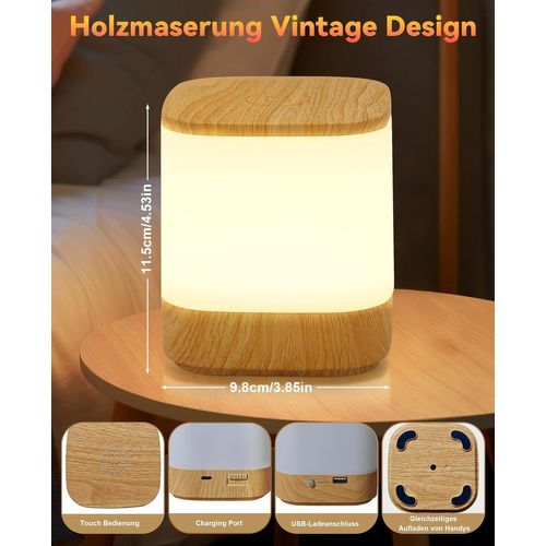 Lampe à Poser De Table LED Tactile à Intensité Variable Grain De Bois Sans Fil