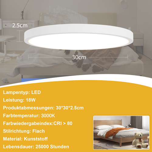 LED Rond Plafonnier Blanc 30 Cm 24w Pour Salle De Bain Cuisine Chambre Et Couloir