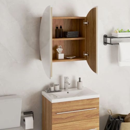 Armoire De Salle De Bain Miroir Rond Et LED Chêne 47x47x17,5 Cm