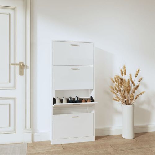 Armoire à Chaussure Blanc Brillant 59x17x150 Cm Bois Ingénierie