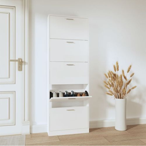 Armoire à Chaussure Blanc Brillant 59x17x169 Cm Bois Ingénierie