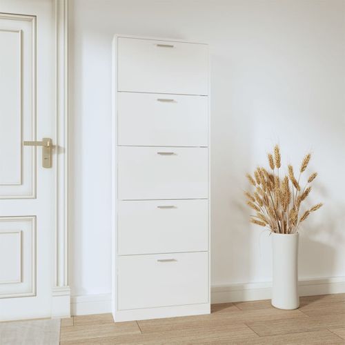 Armoire à Chaussure Blanc Brillant 59x17x169 Cm Bois Ingénierie