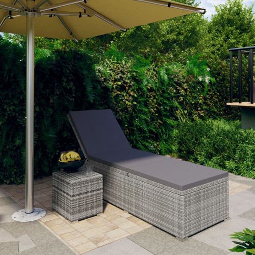 Chaise Longue Avec Coussin Et Table à Thé Résine Tressée Gris