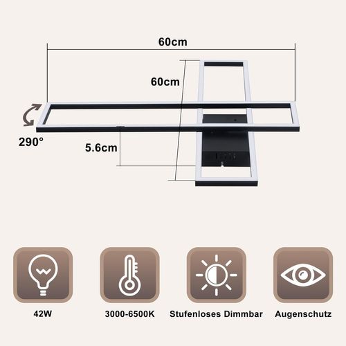 Plafonnier LED Rectangulaire 42W Noir Dimmable - Design Moderne Salon Cuisine Bureau