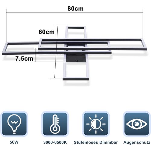 Plafonnier LED Pour Salon - Lampe De Salon 56 W, Lampe De Cuisine à Intensité Variable, Noire