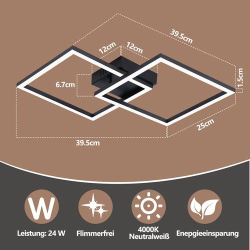 Plafonnier LED Pour Chambre à Coucher - Lampe De Salon Noire 24 W, Blanche Neutre 4000 K