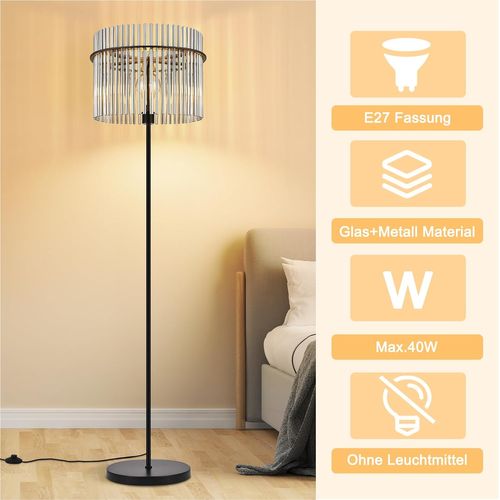 Lampadaire Noir Avec Abat-jour En Verre Lampe Sur Pied E27 Avec Interrupteur, Moderne (Sans ampoule)