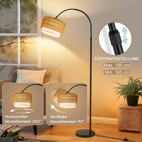 Lampadaire Arqué Rotin Bohème Dimmable Télécommande LED 9W 165-180cm Noir