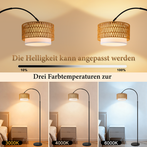 Lampadaire Arqué Rotin Bohème Dimmable Télécommande LED 9W 165-180cm Noir