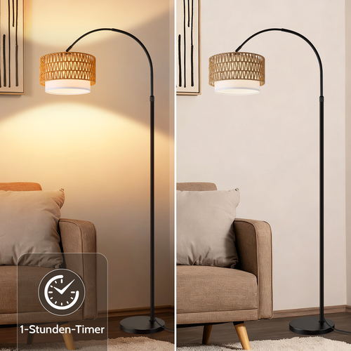 Lampadaire Arqué Rotin Bohème Dimmable Télécommande LED 9W 165-180cm Noir