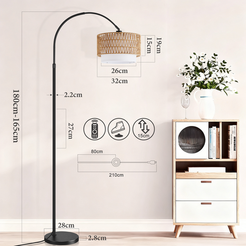 Lampadaire Arqué Rotin Bohème Dimmable Télécommande LED 9W 165-180cm Noir