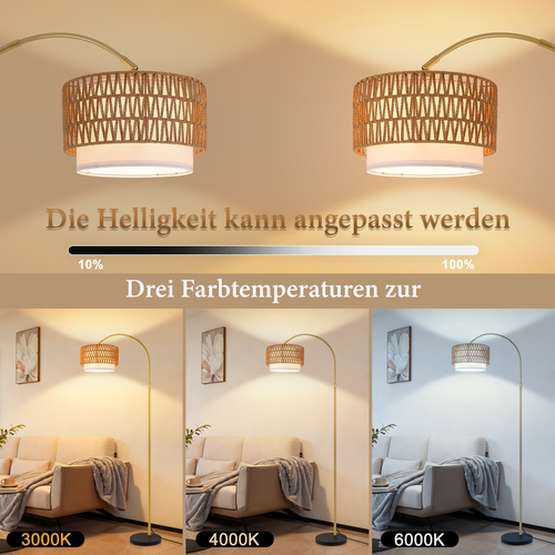 Lampadaire Boho En Rotin – Dimmable Avec Télécommande, LED E27, Vintage, Hauteur 165–180 cm