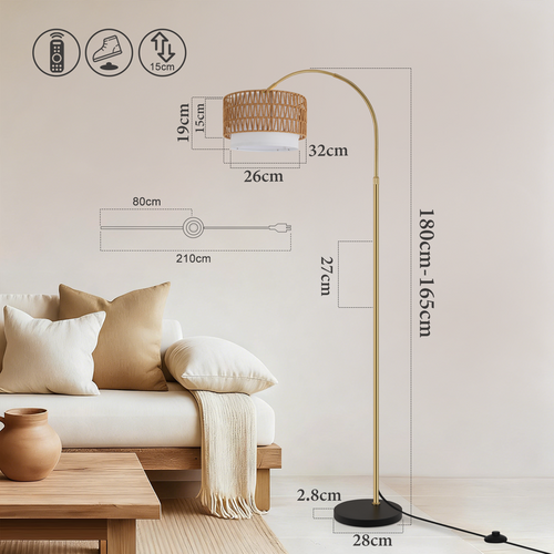 Lampadaire Boho En Rotin – Dimmable Avec Télécommande, LED E27, Vintage, Hauteur 165–180 cm