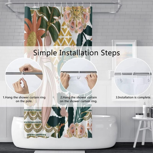 Rideau De Douche Boho Style 180x180 Cm - Fleurs Rose Feuille Vert