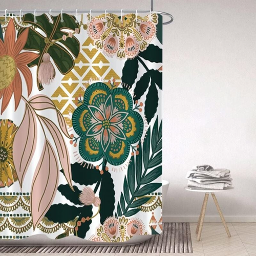 Rideau De Douche Boho Style 180x180 Cm - Fleurs Rose Feuille Vert