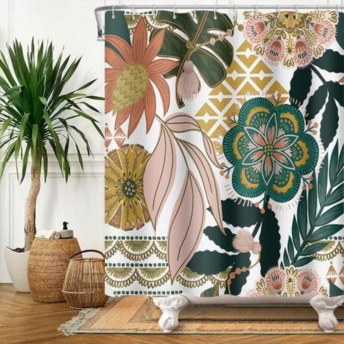 Rideau De Douche Boho Style 180x180 Cm - Fleurs Rose Feuille Vert