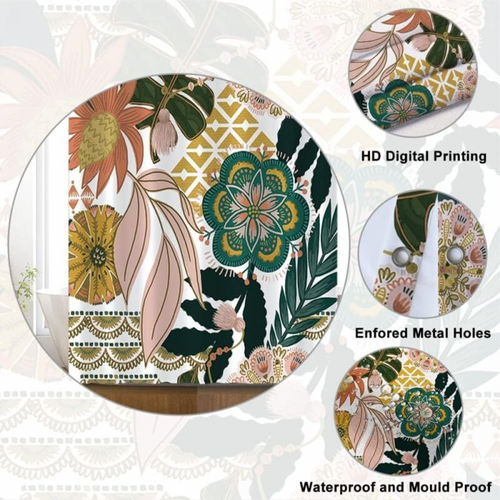 Rideau De Douche Boho Style 180x180 Cm - Fleurs Rose Feuille Vert