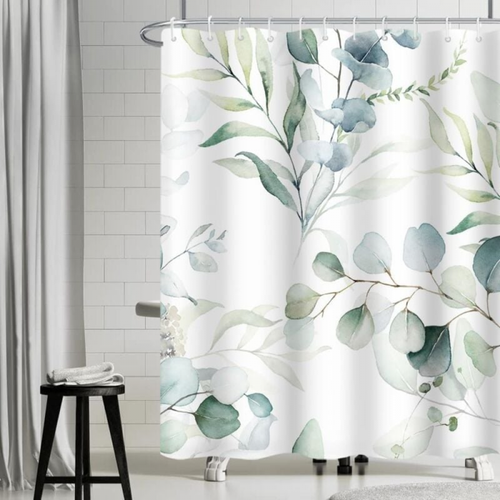 180x180cm Rideau Douche Eucalyptus, Rideau De Douche Feuilles Vert Fleuri Blanc Rideau De Baignoire