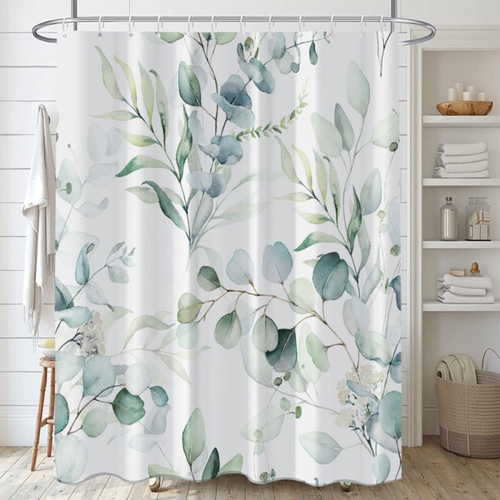 180x180cm Rideau Douche Eucalyptus, Rideau De Douche Feuilles Vert Fleuri Blanc Rideau De Baignoire